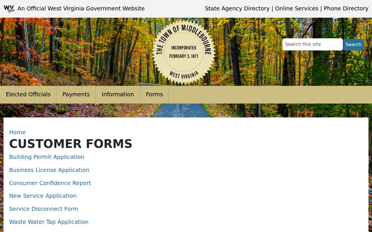 Middlebourne criminal record request limits on the town forms page