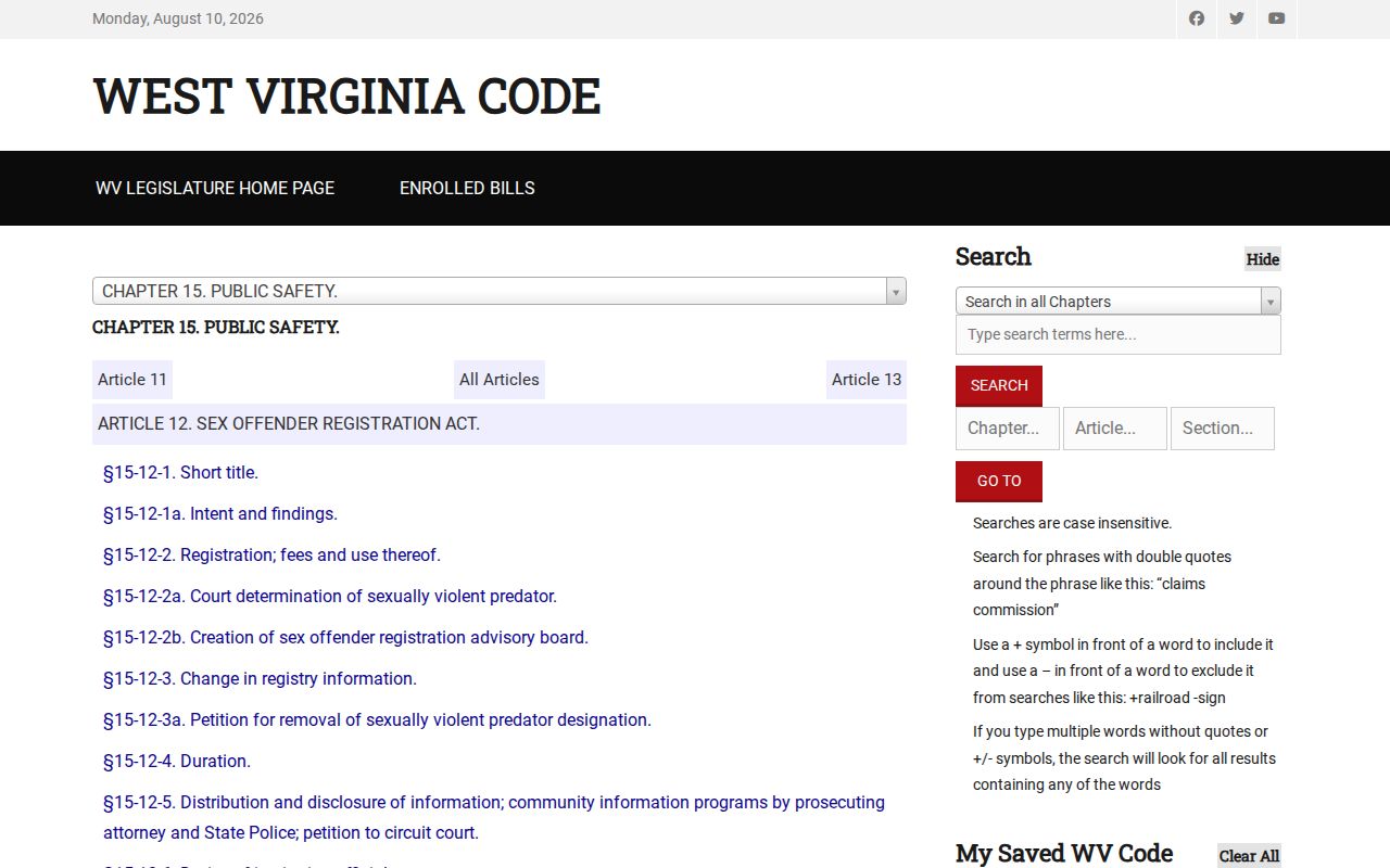 Tyler County sex offender registration law in West Virginia