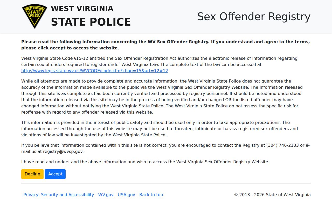 Tyler County sex offender lookup on the West Virginia registry