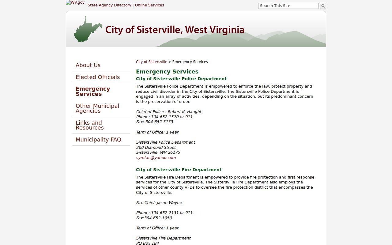 Sistersville criminal record contact on the official police page