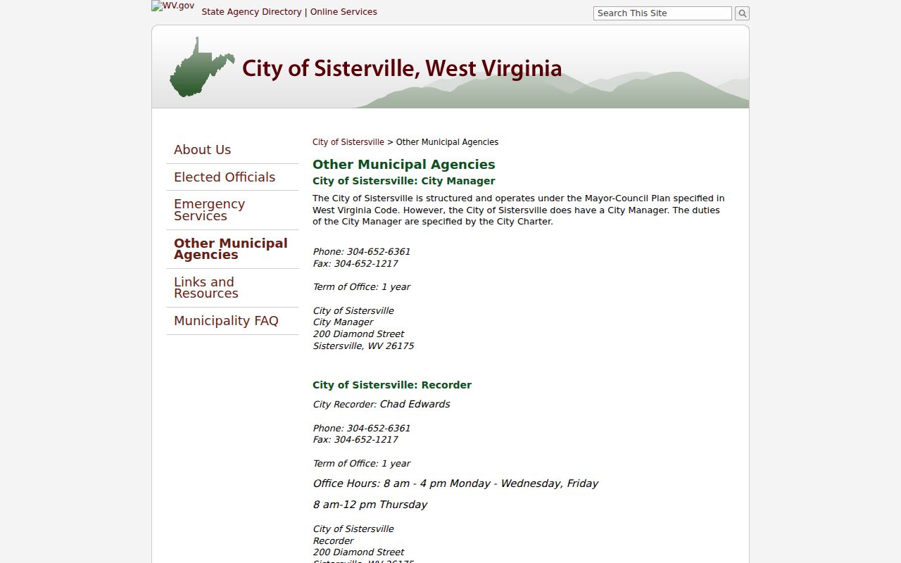 Sistersville city recorder contact for municipal records
